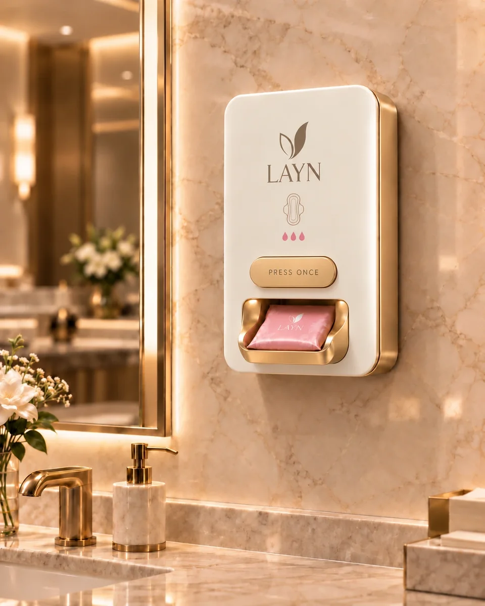 An ivory LAYN BOX with brass details on a marble washroom wall, a pink wrapped pad resting in its tray