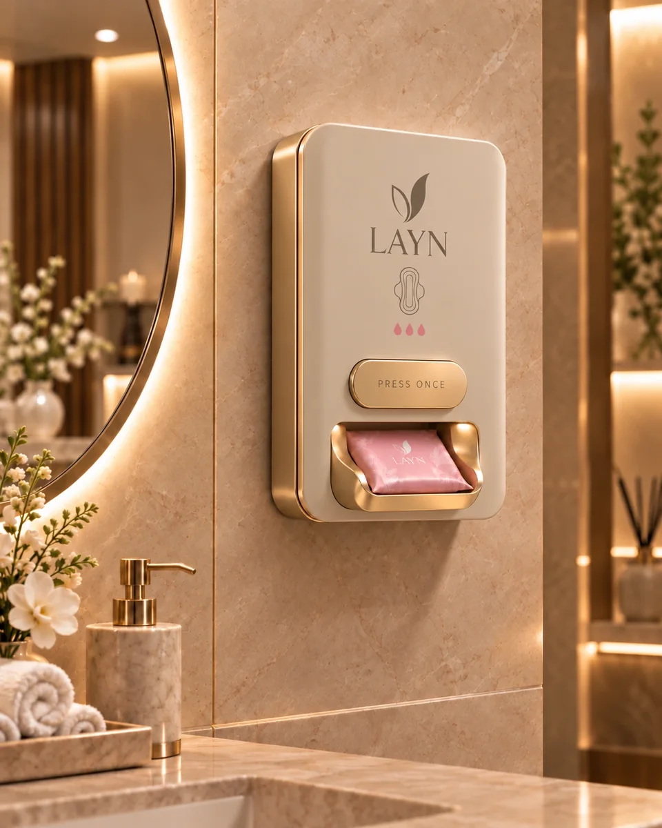 LAYN BOX in Sand beside a round mirror